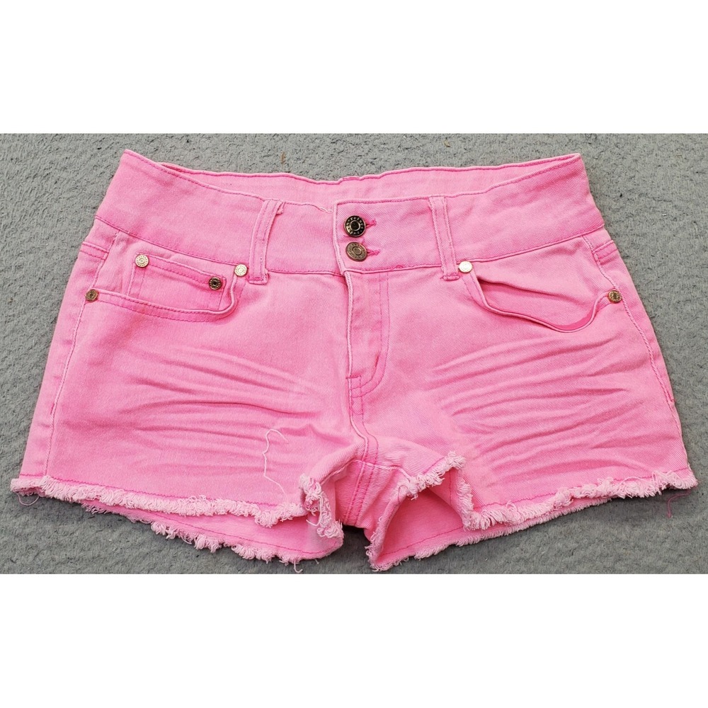 Refuge Jean Shorts Womens 6 Pink Denim Stretch Raw Hem Whiskered Button Fly